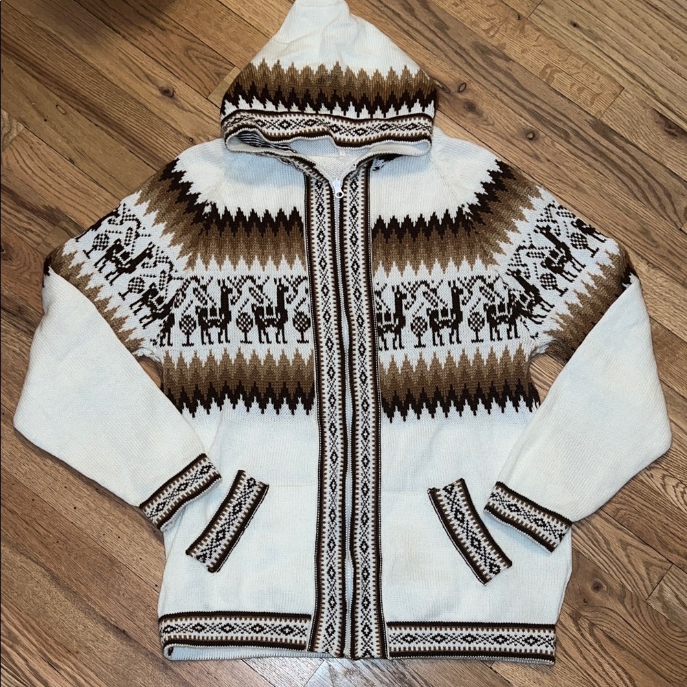 Native American Handmade Brown and Cream Hooded Zip Up Sweater Size M/L NWOT